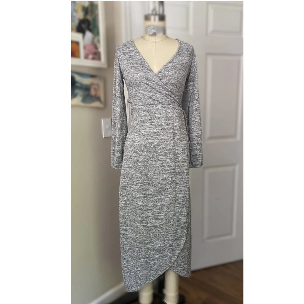 NORDSTROM Heather Gray Long Sleeve belted Mock Wrap midi Dress *X-SMALL*